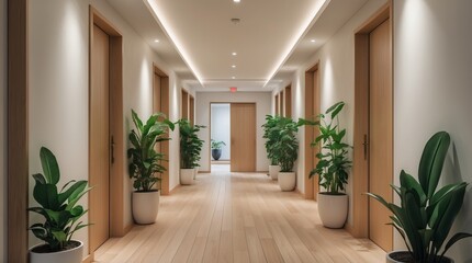 Fototapeta premium A Bright Hallway with Wooden Doors, Plants, and Soft Daylight — A Symbol of Ordered Movement, Contemporary Silence, and Harmony Between Nature and Architecture