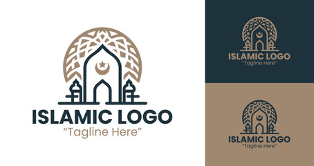 Islamic Branding Emblem with Structured Minimalist Style in Brown and Navy Blue
