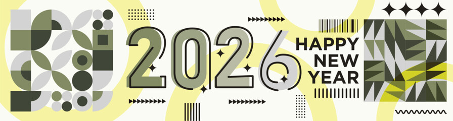 Happy New Year 2026 text design Modern Calligraphy Greetings on a Stylish background with geometric patterns, abstract pattern with lines, new year celebration design, colorful vector illustration
