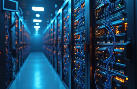 Server room racks filled with glowing computer hardware, tangled blue cables. Data center corridor with network infrastructure, blinking server lights. Technology, cybersecurity, information systems.