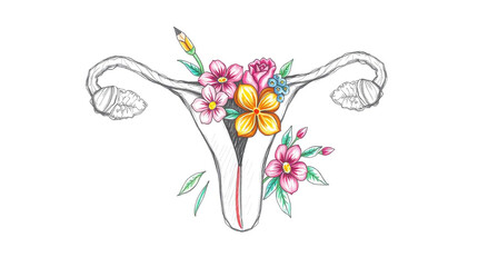 Female reproductive system with flowers and leaves on white background. Vector illustration.