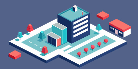 Naklejka premium Isometric modern city with urban architecture, residential buildings, and factory construction vector illustration set