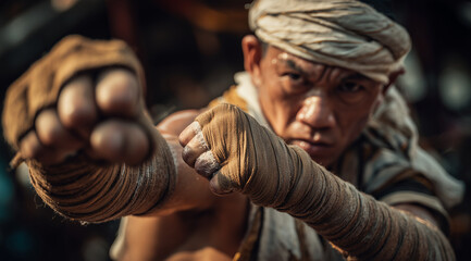 A muscular Vietnamese man wearing traditional and headwear is fighting with his hands wrapped in thick brown bandages, striking an upper body kick towards the camera, capturing the