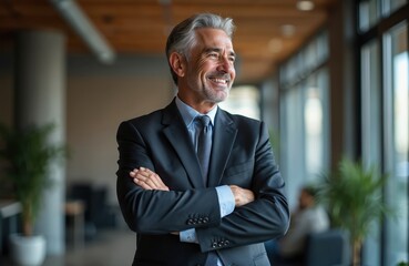 Confident mature businessman in suit, 45 years old, arms crossed, looking away thoughtfully. Experienced CEO executive leader in office, anticipating future success and planning growth.