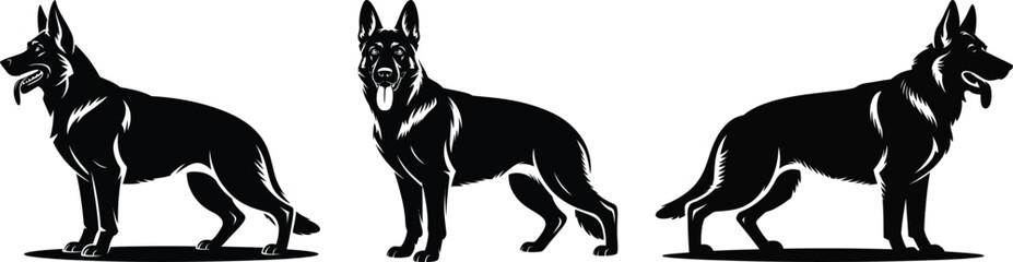 Three german shepherd dog heads and side pose vector illustration in silhouette style