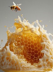 Honeycomb splash, bee, studio shot. Possible use food advert