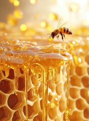 Honeycomb drips, bee hovering, golden glow, nature's sweet gift. Possible use Food packaging