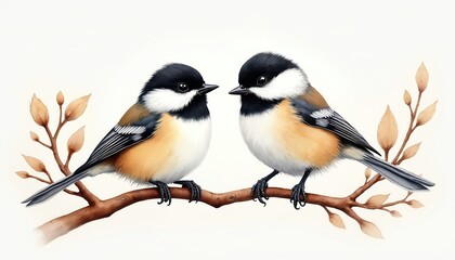Fototapeta premium Two black capped chickadee birds perched on a tree branch. Watercolor artwork features small songbirds with black, white, yellow, and brown feathers. Perfect for nature and wildlife themes.