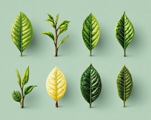 Green tea leaves on white background, simple vector graphic