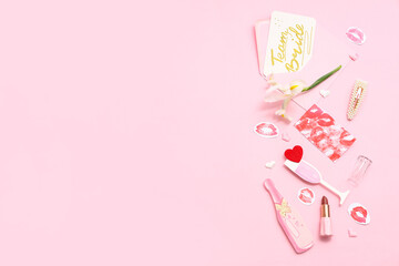 Card with text TEAM BRIDE and decor on pink background. Hen Party