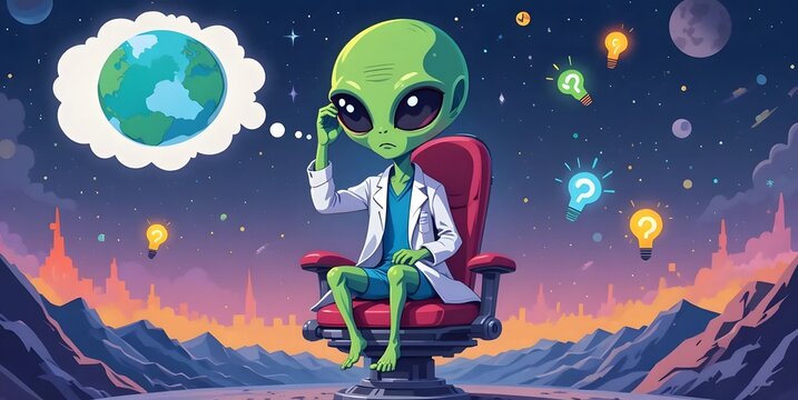 Alien Scientist Contemplates Earth: An Extraterrestrial's Curiosity and Pondering of Humanity's Future