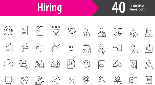 set of Hiring Line Icons, Recruitment, Candidate Profile, Interview, Resume Review, Job Offer, Editable Formats: AI, EPS, PNG, JPG, Ideal for Both Digital and Print Use

