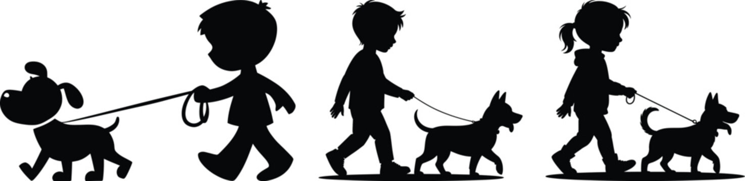 Cartoon children walking dogs on leash vector silhouette illustration set