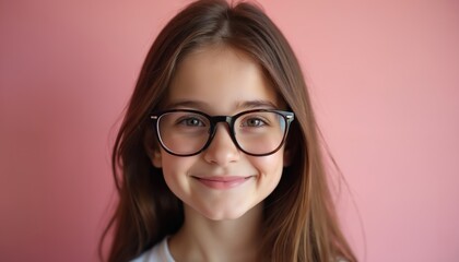 Fototapeta premium Smiling young girl with long brown hair, glasses. Wears white shirt against soft pink background. Happy expression, clear eyesight suggest intelligence, curiosity. Perfect for education, vision care,
