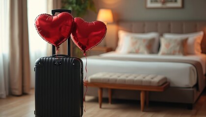 Stylish hotel room prepared for Valentine Day celebration. Black suitcase stands with red heart-shaped balloons. Perfect for romantic getaways, couple holidays, February 14 promotions, luxury travel
