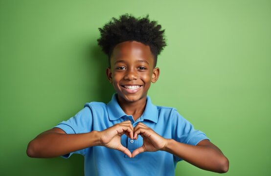 Smiling African American boy makes heart shape with hands against green background. Youthful, cheerful, expresses affection, love, good feelings. Represents childhood happiness, positive emotion, - Powered by Adobe