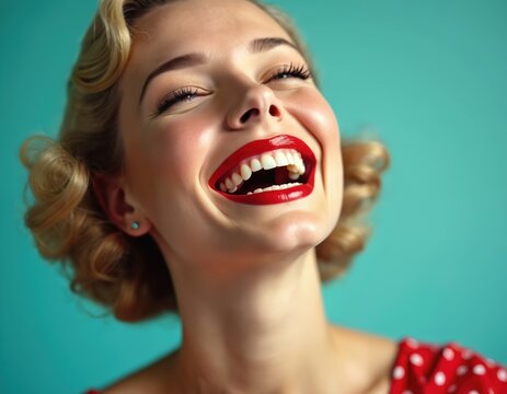 Vintage 1940s portrait, joyful woman with red lipstick laughing vibrantly. Retro pin-up style, glamour, beauty, fashion. Positive expression, cheerful smile, elegance, nostalgia, studio head shot.