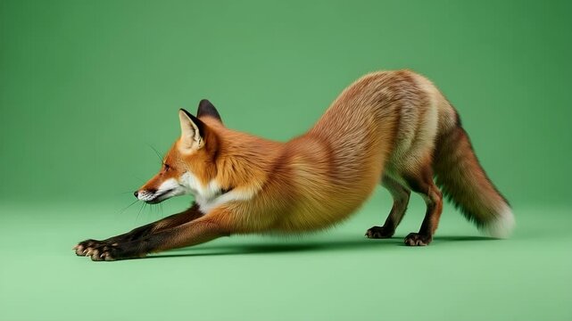 Playful Fox Stretching: A vibrant red fox demonstrates flexibility and grace, arching its back in a playful stretch against a verdant backdrop, showcasing its agility and the beauty of wildlife.