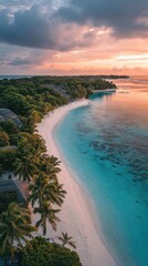 Aerial view of a tropical beach at sunset. Lush greenery meets a pristine white sand beach curving along turquoise water