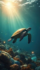Sea turtle swims through ocean debris. Plastic bottles rubbish seabed, impacting marine life. Sunlight filters through water, illuminating pollution threat. Conservation awareness needed for ocean