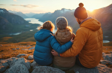 Fototapeta premium Family hiking in Norway mountains at sunset. Mother, father, and daughter enjoy healthy lifestyle adventure trip. Couple with kid embracing, experiencing eco tourism and bonding.