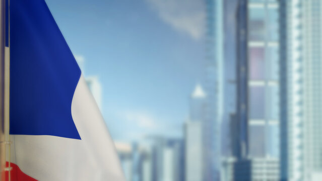 flag of France on modern city buildings bokeh background for veterans day - abstract 3D illustration