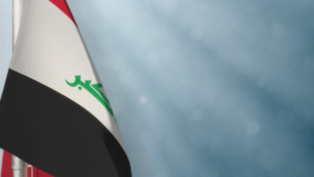 Iraq flag is hanging on blue for day of the flag - soft focus - abstract 3D illustration