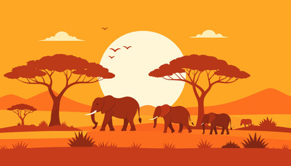 Fototapeta premium Elephants traverse the African savanna at sunset, silhouetted against the warm orange sky.