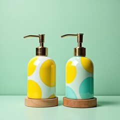 Two modern soap dispensers feature vibrant yellow, turquoise geometric polka dot patterns. Sleek chrome pumps complement stylish containers resting on simple wooden bases. Bathroom accessories offer