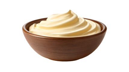 A creamy, light-yellow swirl filling a rustic, textured brown bowl casting shadow on white backdrop