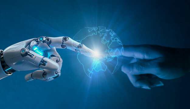 AI, Machine learning, Hands of robot and human touching on big data network connection background, Science and artificial intelligence technology, innovation and futuristic.