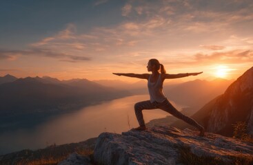 woman is doing yoga on the top of a mountain with a beautiful lake and sunset background