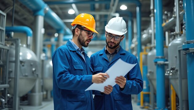 Two engineers in blue workwear, safety helmets collaborate on polymer processing strategies inside modern factory. Reviewing documents, discussing plans amidst industrial machinery, pipes, teamwork,