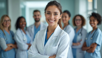 Fototapeta premium Confident female doctor leads diverse medical team in hospital setting. Group displays professionalism, care, and collaboration in clinical environment, smiling with supportive spirit.