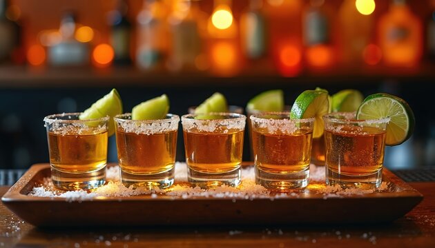 Tequila shots served with lime wedges and salt rim on wooden tray. Amber spirit in clear glasses, festive bar ambiance with blurred lights. Perfect for party or cocktail enjoyment.