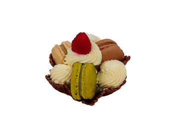 Tartlet with macaroons, whipped cream and raspberry isolated on white background