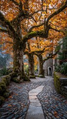 Autumnal path winds through ancient trees.  Cobblestone walkway beneath vibrant fall foliage.  Old stone buildings flank the way
