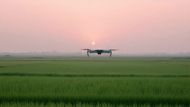 A drone flies over lush green rice fields at sunrise, symbolizing modern agriculture and technology integration precision farming aerial innovation