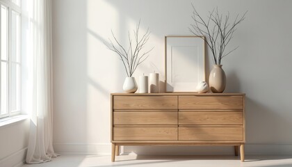 Modern wooden chest of drawers in minimalist living room interior. Light oak cabinet with six drawers against white wall. Home decor with candles, vases, empty frame on top. Natural light filters