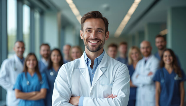 Confident male doctor in white lab coat, stethoscope leads medical team. Diverse healthcare professionals stand together in modern clinic hallway. Represents teamwork, care, medical expertise for