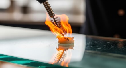 Blowtorch finishing touch on gourmet sushi roll in modern kitchen