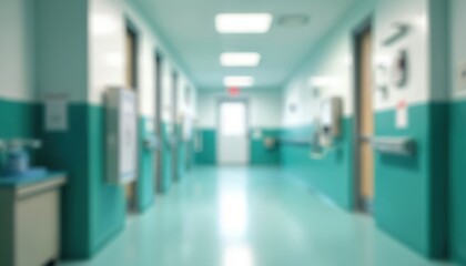 Healthcare corridor soft focus background, hospital hallway with teal, white walls. Empty medical facility interior, clean clinical environment. Outpatient clinic, emergency room, operating theater.