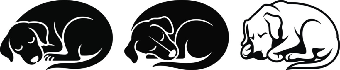 Pack of curled puppies sleeping pose in silhouette vector flat design
