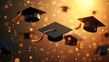 Graduation Caps Flying in Celebration With Glowing Bokeh Light Background