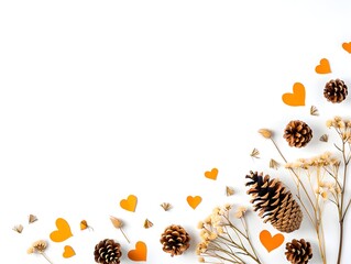 Autumn background with pine cones hearts and dried flowers flat lay top view design