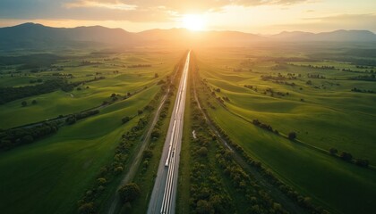 Aerial view of vast green valley with sun setting over distant mountains. Straight road stretches into horizon, flanked by rich fields, trees, showing transport infrastructure across natural