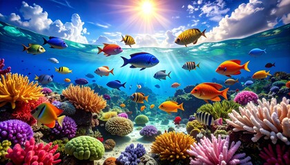 Colorful Tropical Fish Swimming in Coral Reef, Vibrant Underwater Marine Life / サンゴ礁を泳ぐカラフルな熱帯魚、鮮やかな水中の海洋生物