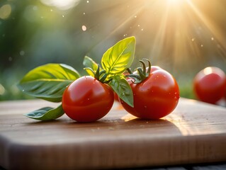 Fresh cherry tomatoes with basil leaves on wooden board in natural sunlight photo