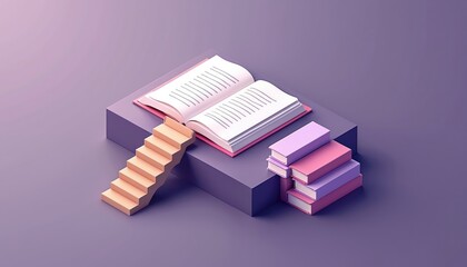 Isometric illustration for online education and library websites. Features open book and wooden staircase on violet background. Represents concepts of learning, study, and knowledge acquisition.