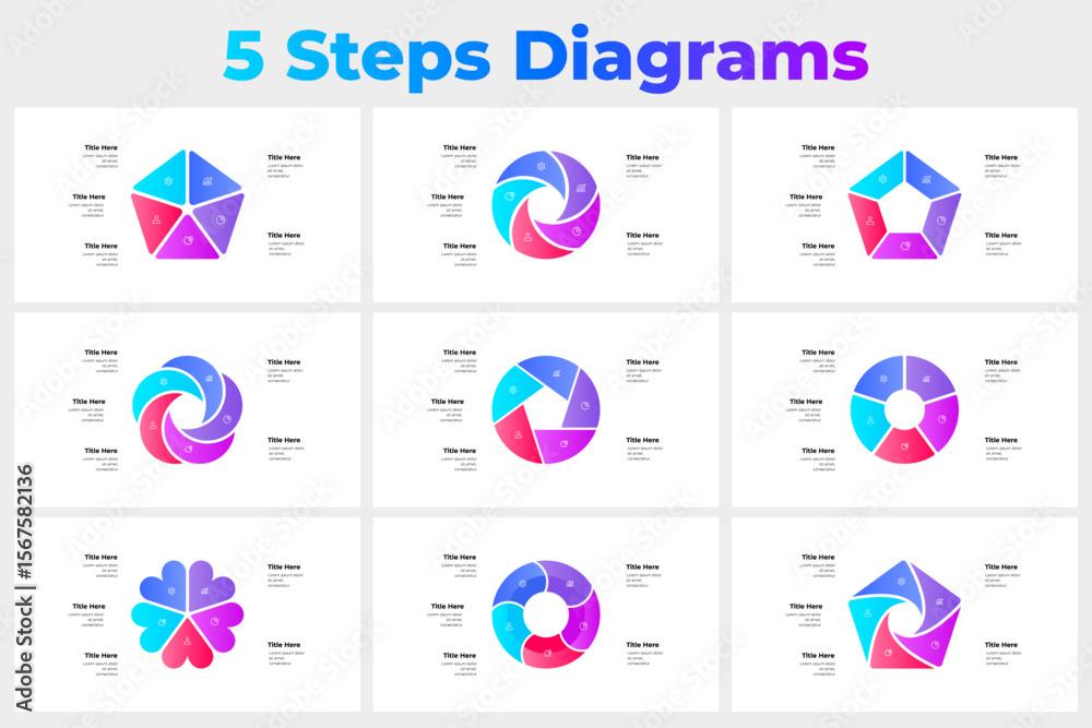 Fototapete set of cycle five step diagrams, ideal for business plans, process workflow, or educational purposes